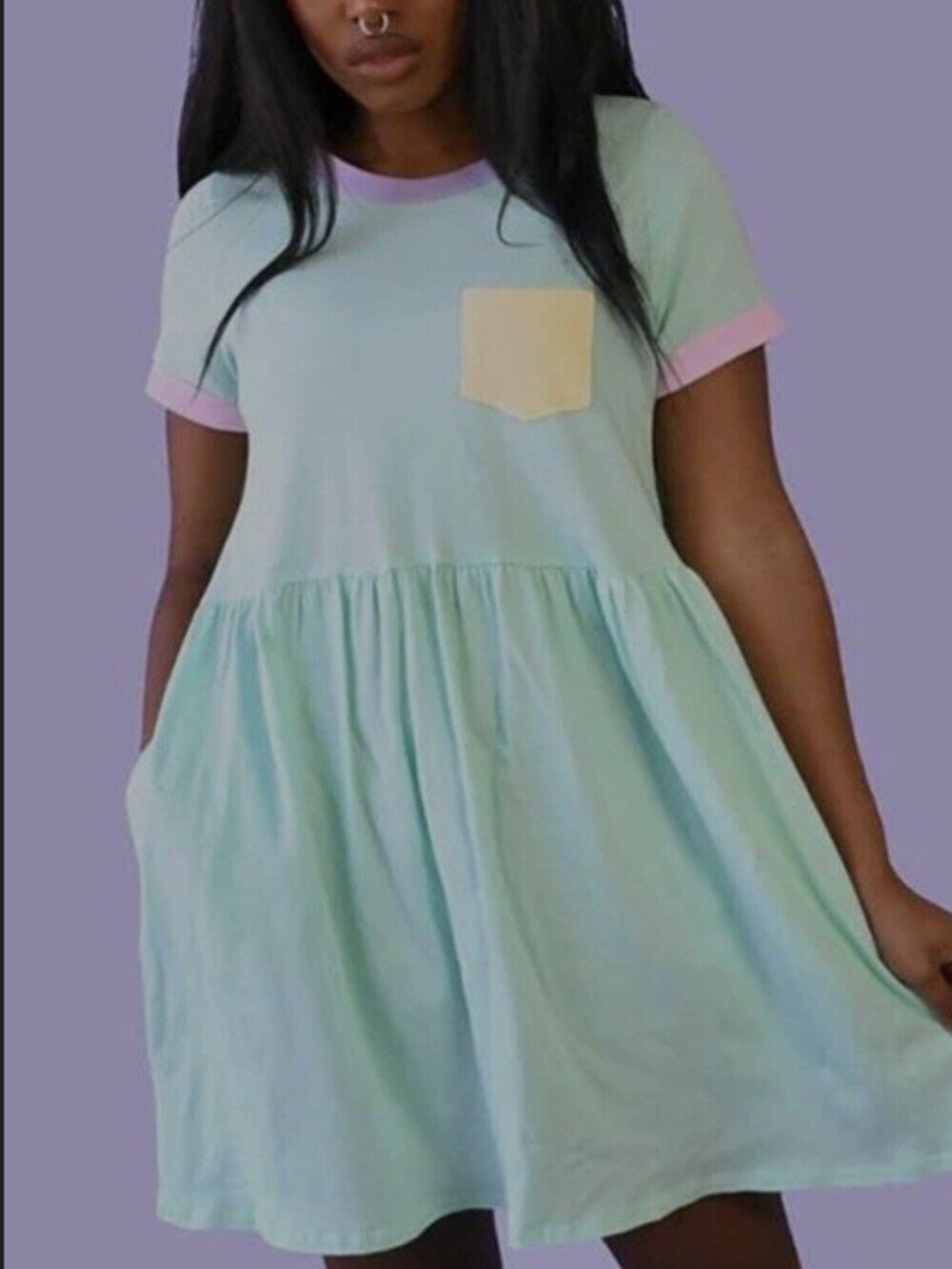 My Violet Mint Pocket T-Shirt Dress XS Pastel Cotton Casual Made in USA NWT